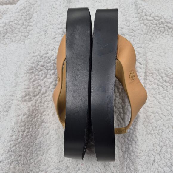 New Tory Burch Leather Platform Flip-Flops Ginger Shortbread Womens sandal SZ 7 - Picture 4 of 6